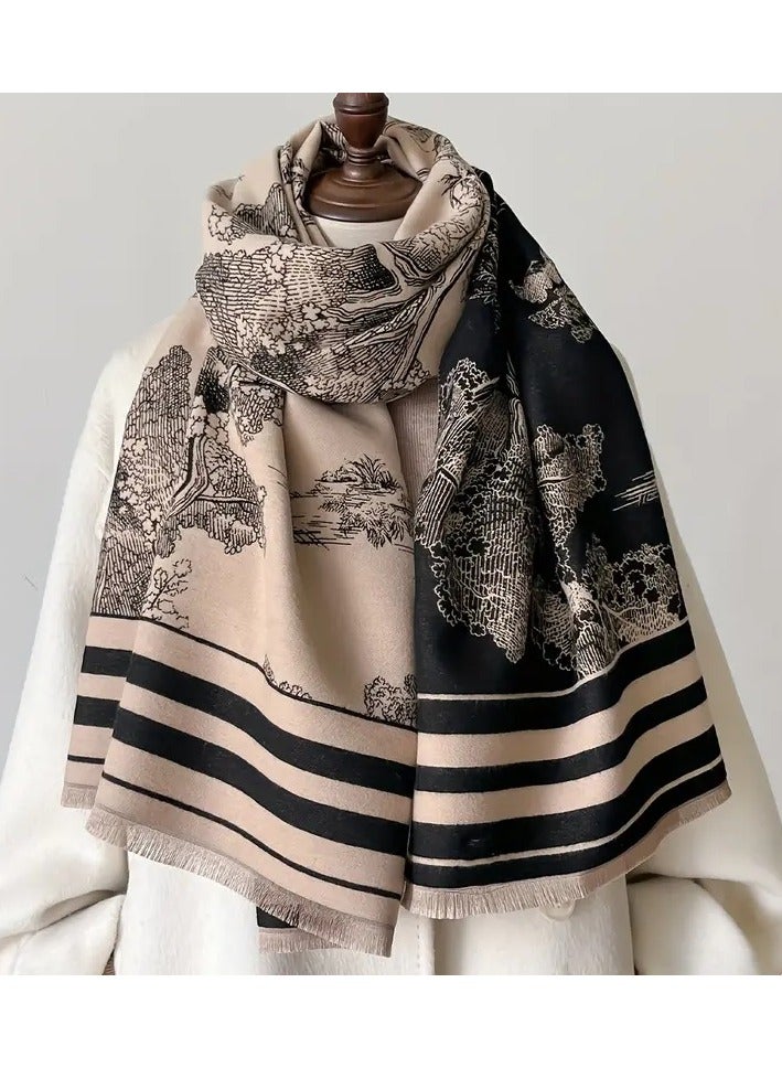 بوهو وشاح كشميري نسائي ذو وجهين ٫ شال ناعم من مزيج الكشمير والقطن  بنمط أشجار ومخطط من الأطراف وغير مغلق باهداب قصيرة ٫ إسكارف نسائي شتوي وخريفي مقاوم للرياح والجو البارد  باللونين الأسود والبيج  ١٨٥ × ٦٥ سم - Image 3